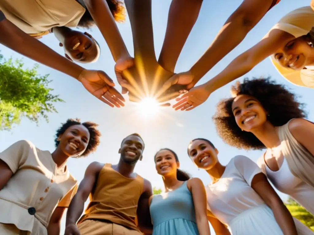 Un grupo de jóvenes diversos se paran en círculo, unidos y mirando hacia arriba al sol brillante