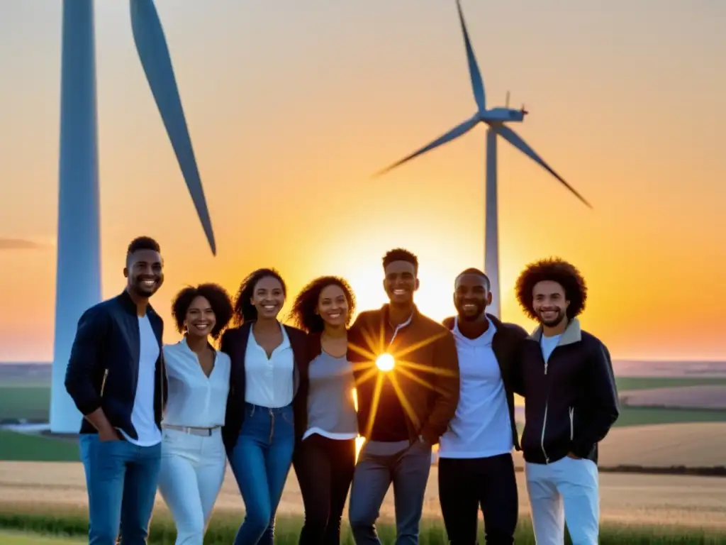 Un grupo de jóvenes diversos frente a un moderno aerogenerador al atardecer, con una sensación de esperanza y determinación