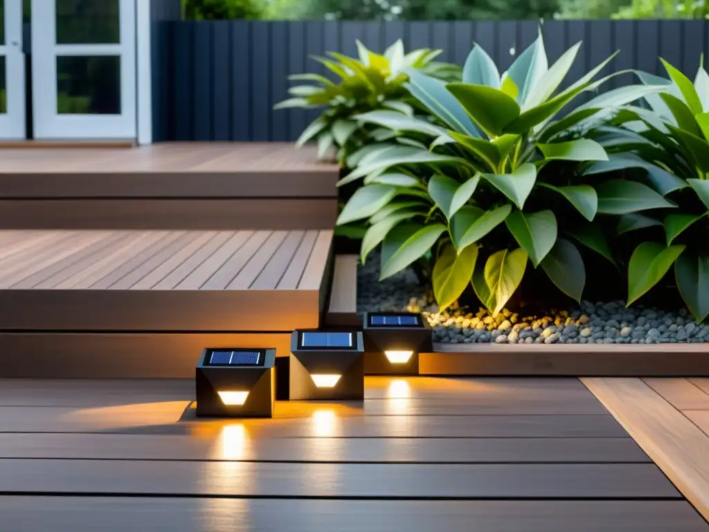 Un grupo de luces LED solares para exteriores de diseño moderno y minimalista, iluminando un patio con un ambiente cálido y acogedor, rodeado de vegetación exuberante y plantas en macetas