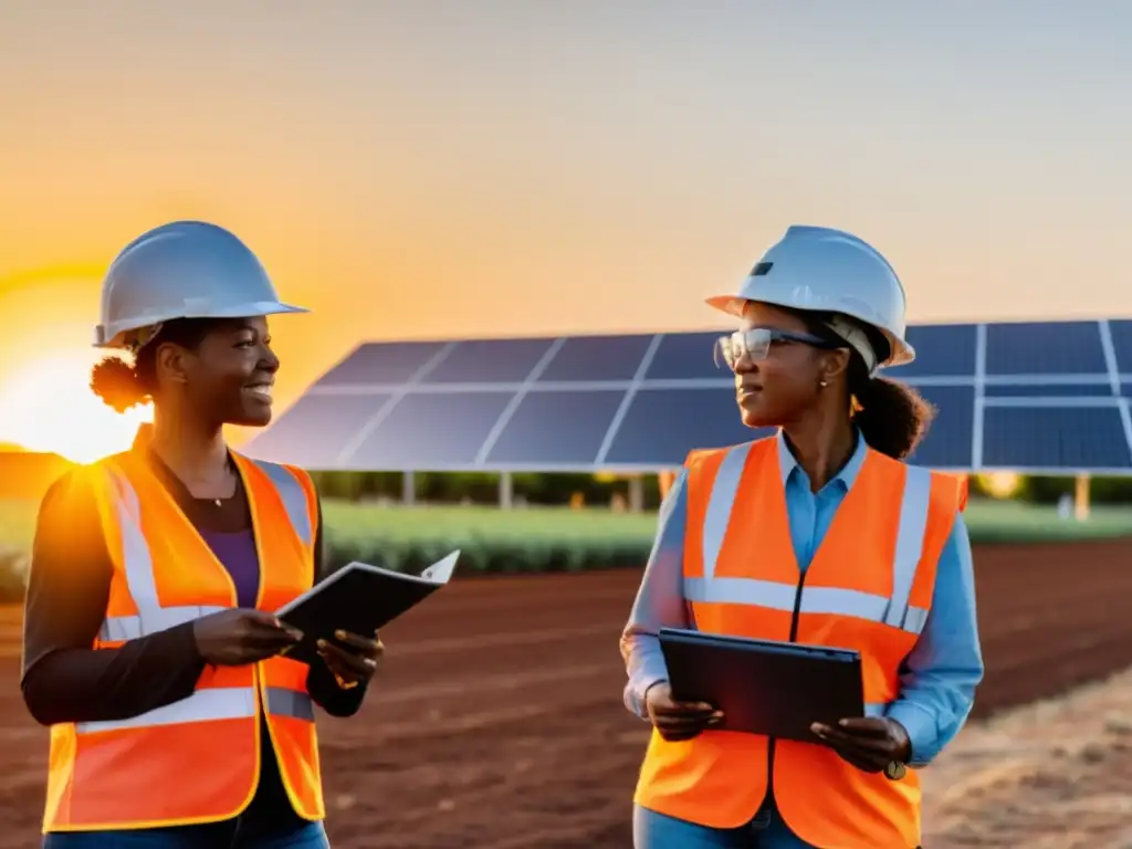 Un grupo de mujeres diversas usando cascos y equipo de seguridad, revisando planes en un campo de paneles solares al atardecer