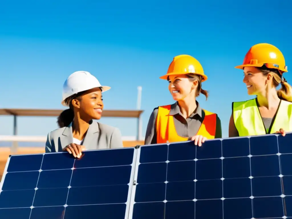 Grupo de mujeres ingenieras en energías renovables usando cascos de seguridad, discutiendo un proyecto de energía solar