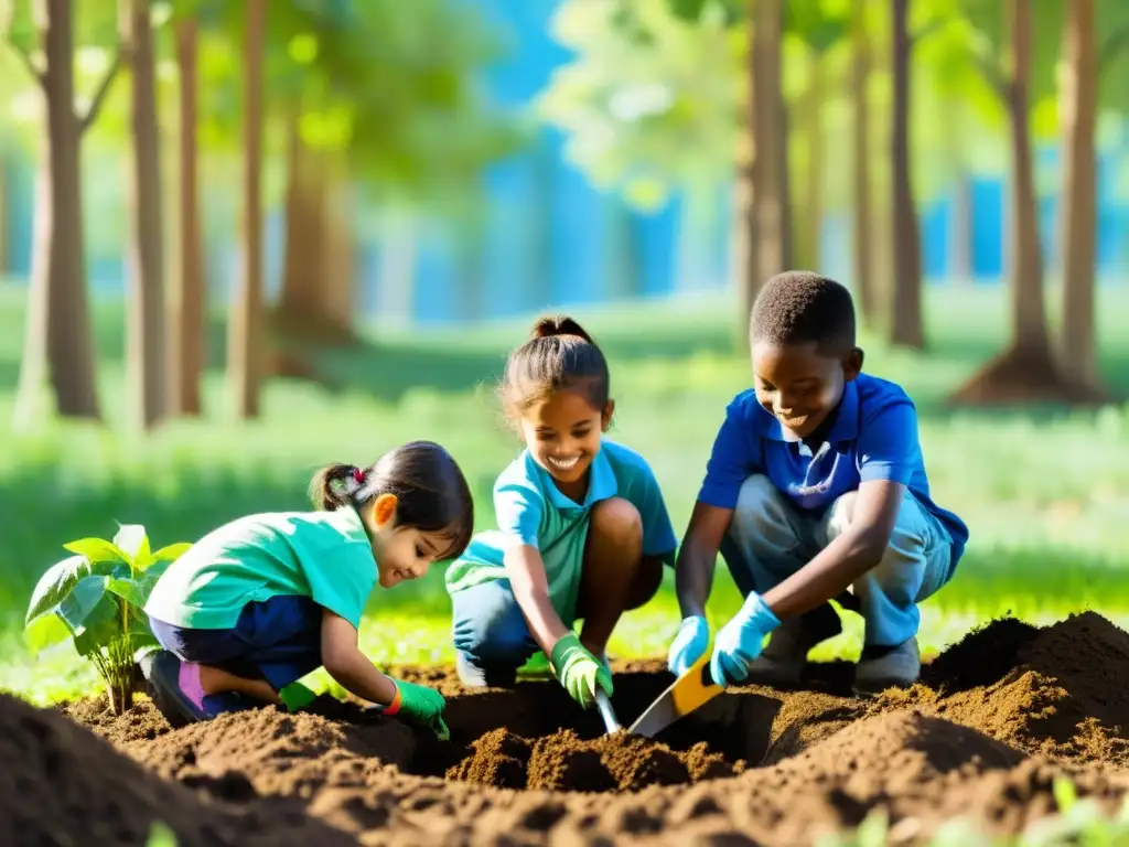 Un grupo de niños plantando árboles en un bosque verde, con ropa colorida y sonriendo