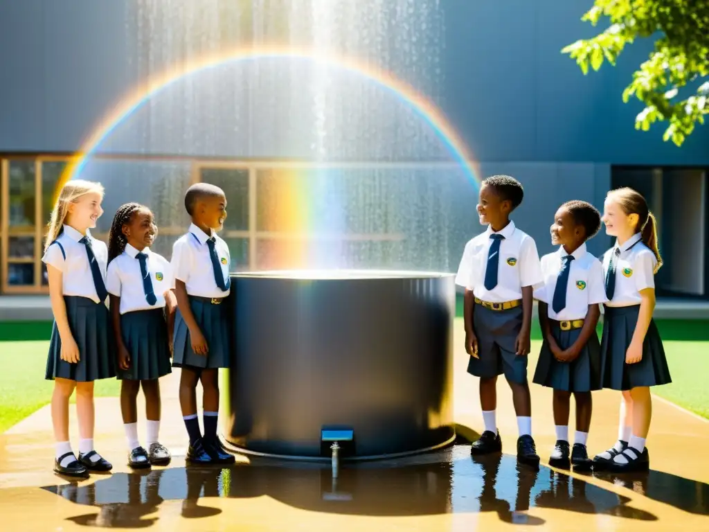 Un grupo de niños diversos observa con asombro la recogida de agua de lluvia en escuelas, bajo un sistema minimalista que crea un arcoíris