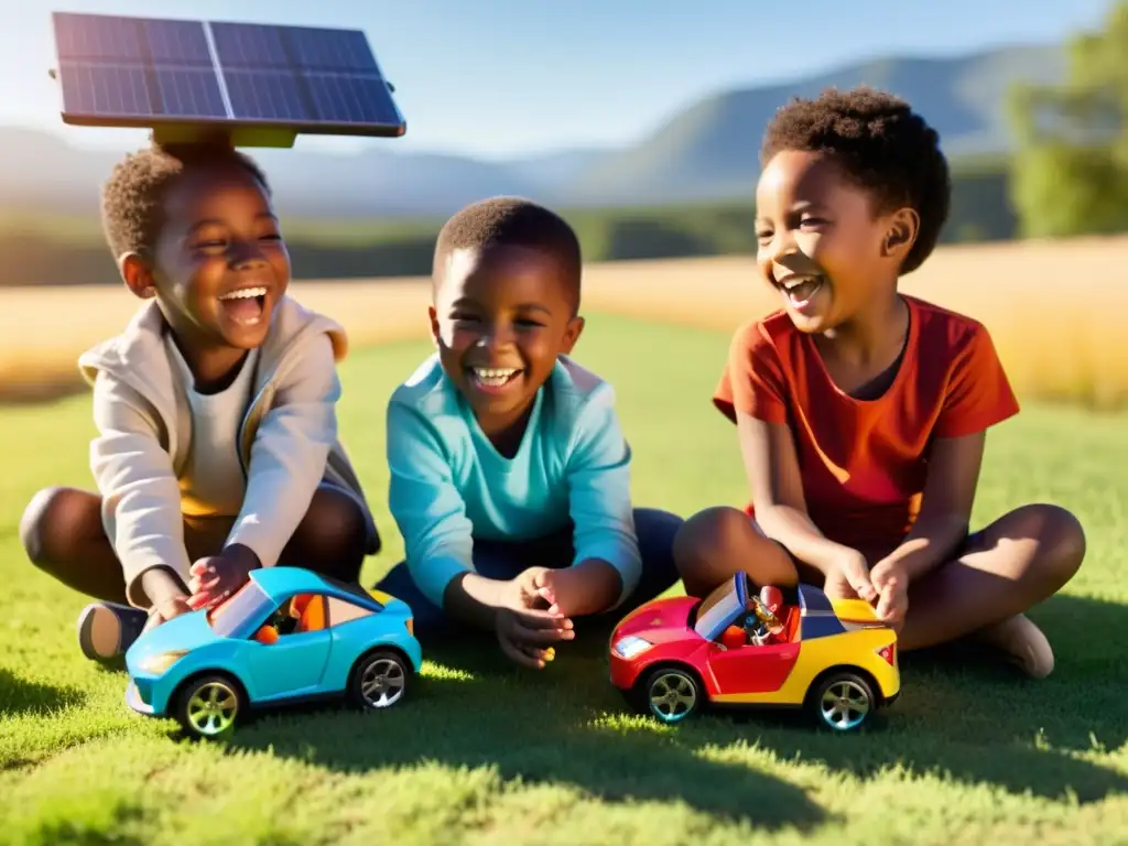 Un grupo de niños diversos juega con autos de juguete de energía solar en un campo brillante y abierto