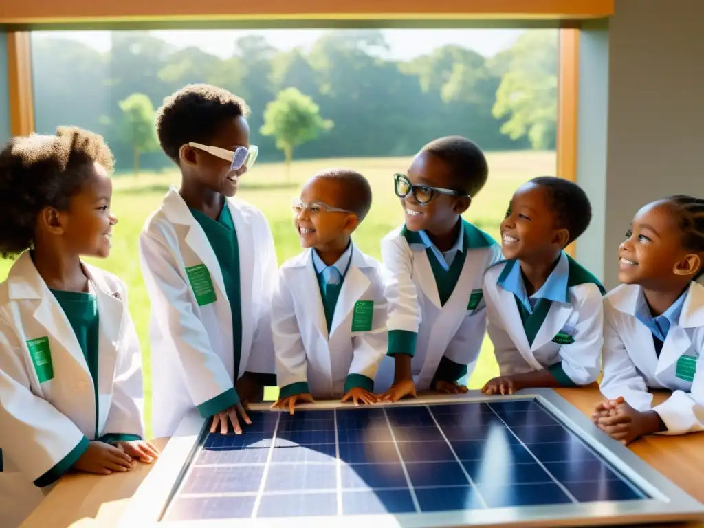 Grupo de niños diversos entusiasmados colaborando en experimento con paneles solares