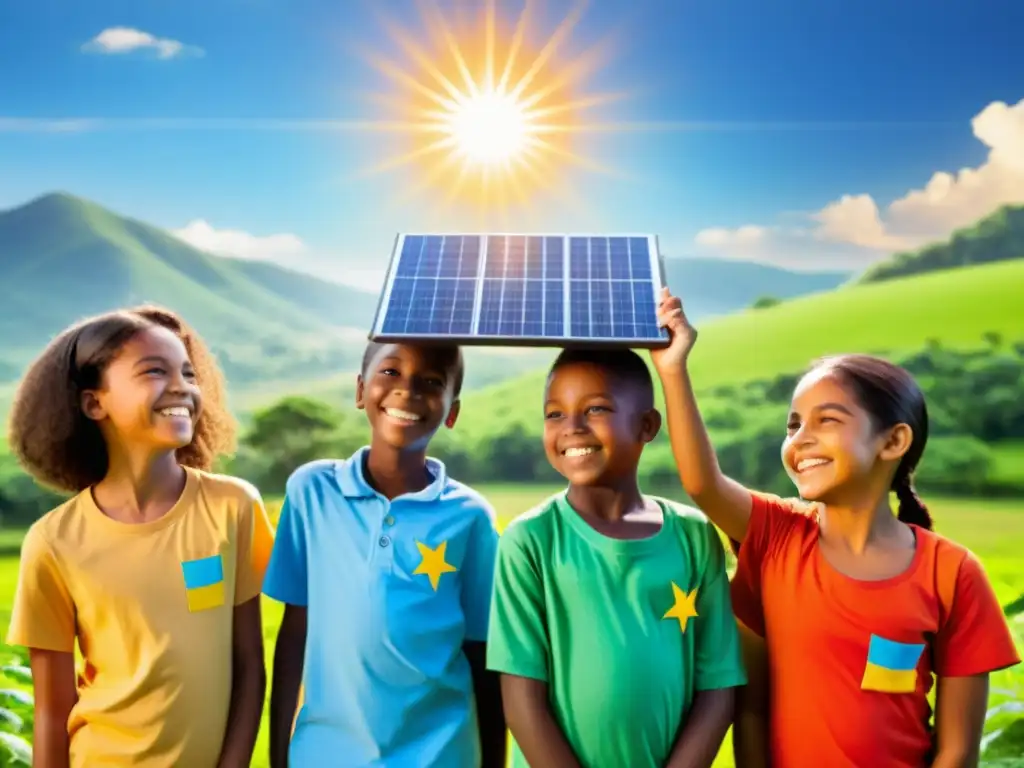 Grupo de niños escolares sonrientes en círculo alrededor de un panel solar, transmitiendo esperanza y educación en energías renovables