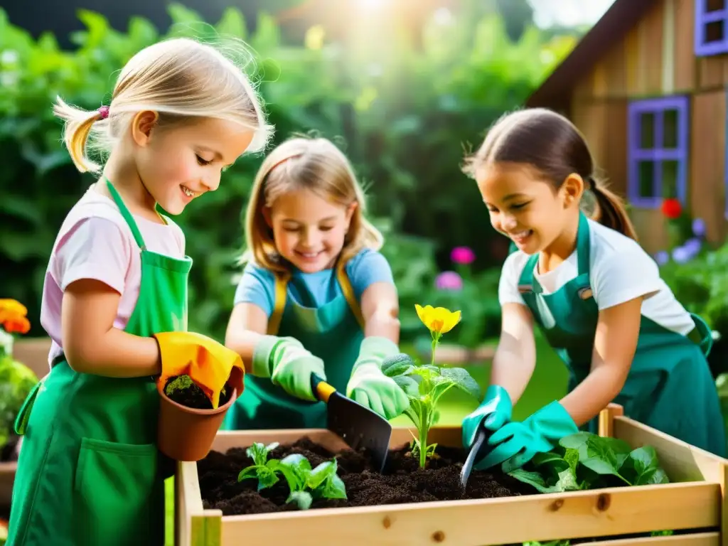 Un grupo de niños felices cuidando un jardín colorido con entusiasmo