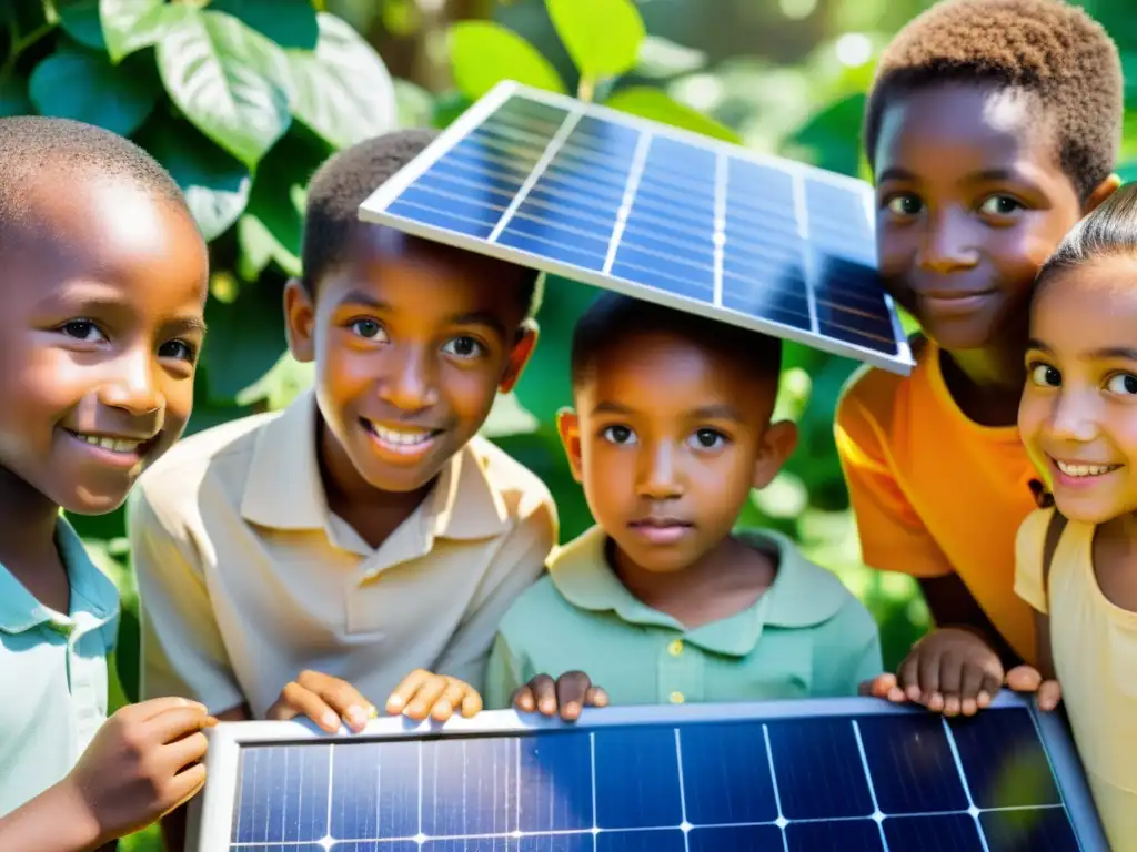 Un grupo de niños diversos exploran paneles solares en un entorno natural