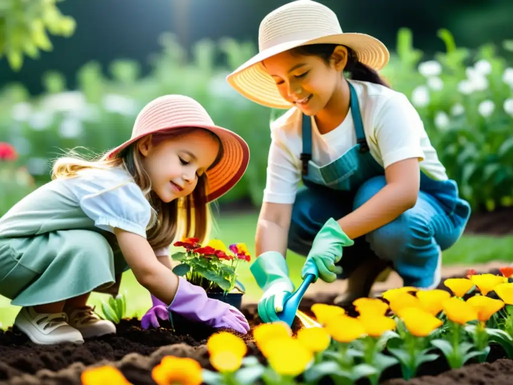 Un grupo de niños plantando y cuidando plantas en un jardín soleado