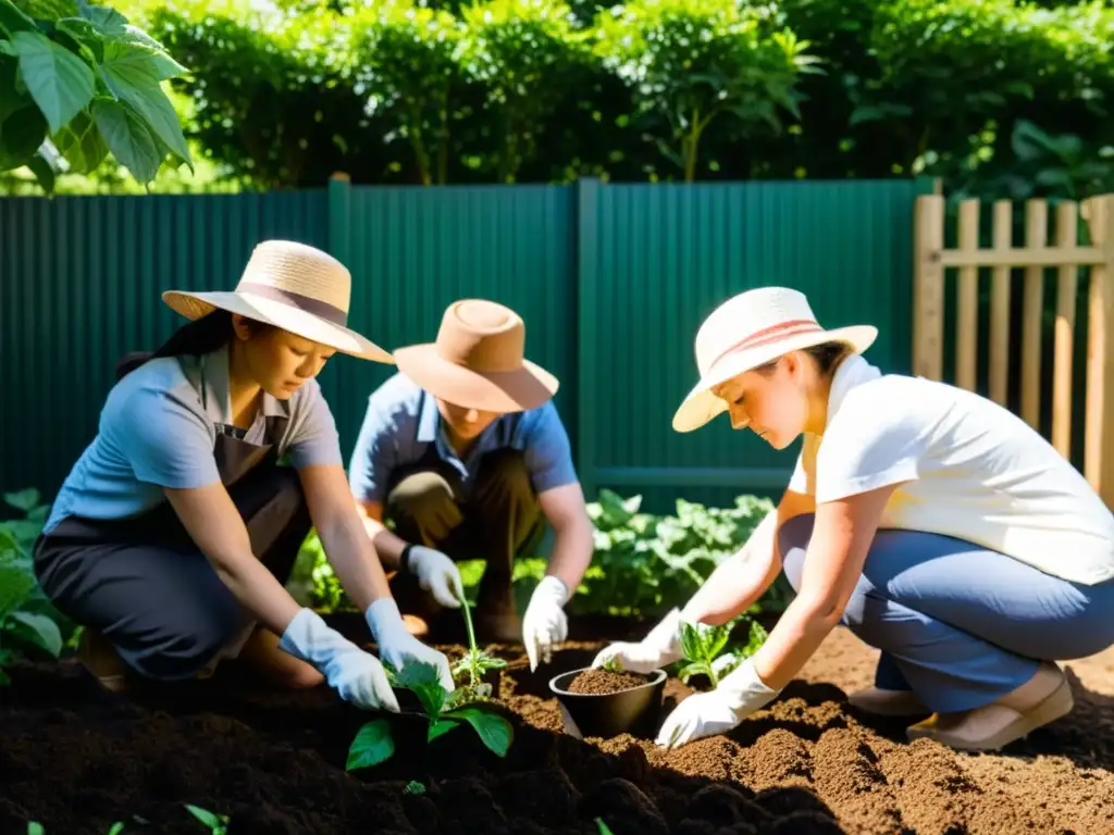 Un grupo de niños plantando semillas en un huerto con gorros y guantes de jardinería