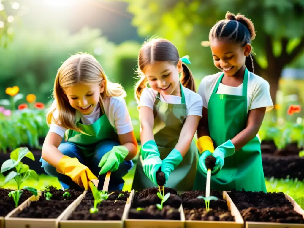 Grupo de niños plantando semillas en un jardín vibrante, disfrutando de actividades de jardinería para niños bajo el cálido sol