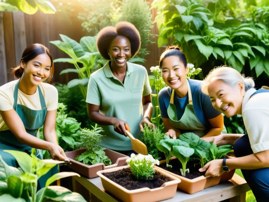 Grupo de niños sonrientes cuidando un jardín en un patio exuberante