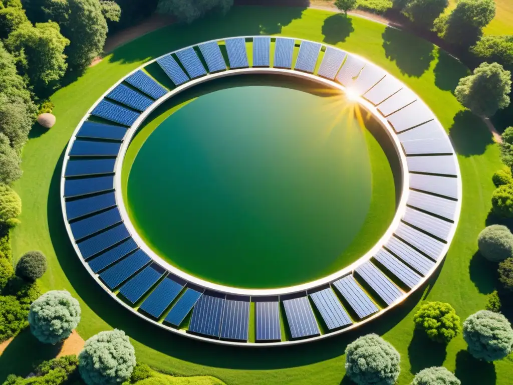 Grupo de paneles solares en formación circular capturando la luz solar sobre un paisaje verde