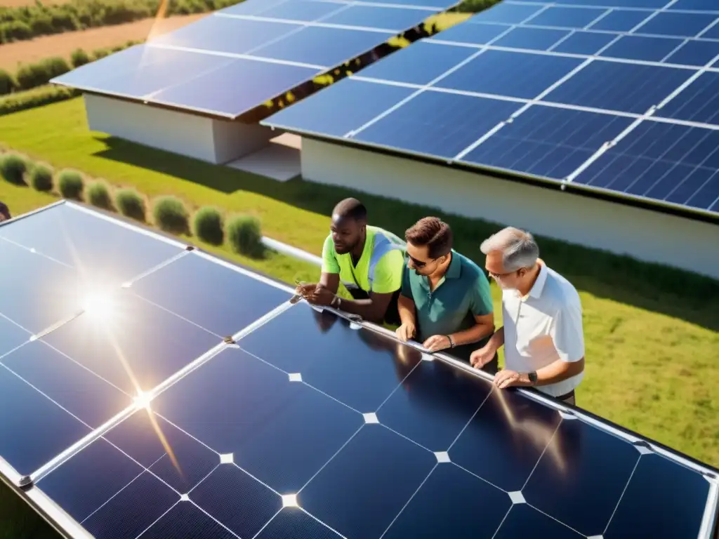 Un grupo de personas evaluando detalladamente una instalación de paneles solares en un proyecto colaborativo