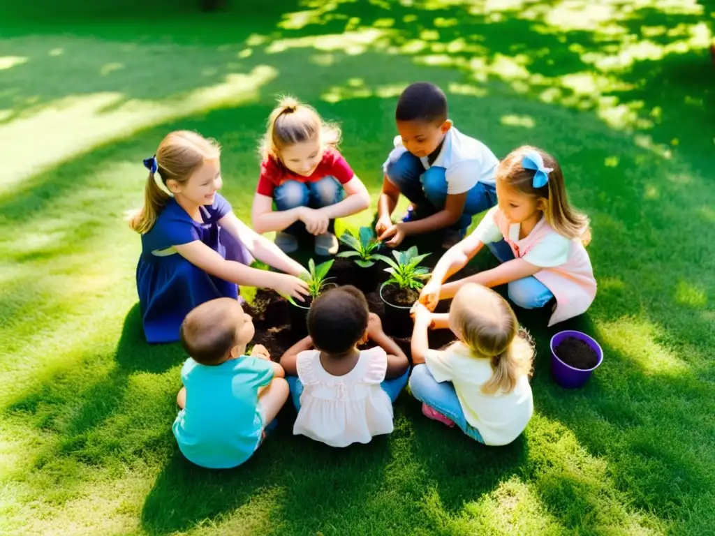 Un grupo de niños planta cuidadosamente sus propias plántulas en el césped, rodeados de árboles