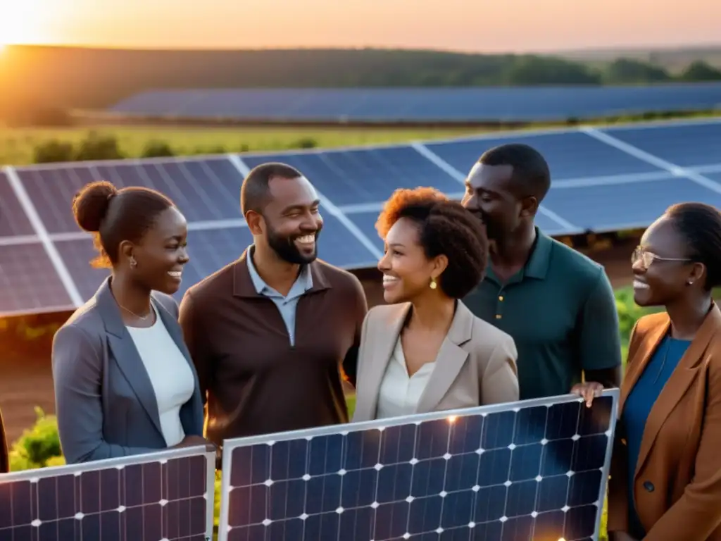 Grupo planificando gestión proyectos energía solar comunitaria al atardecer en campo solar, con paneles alineados y expresiones colaborativas