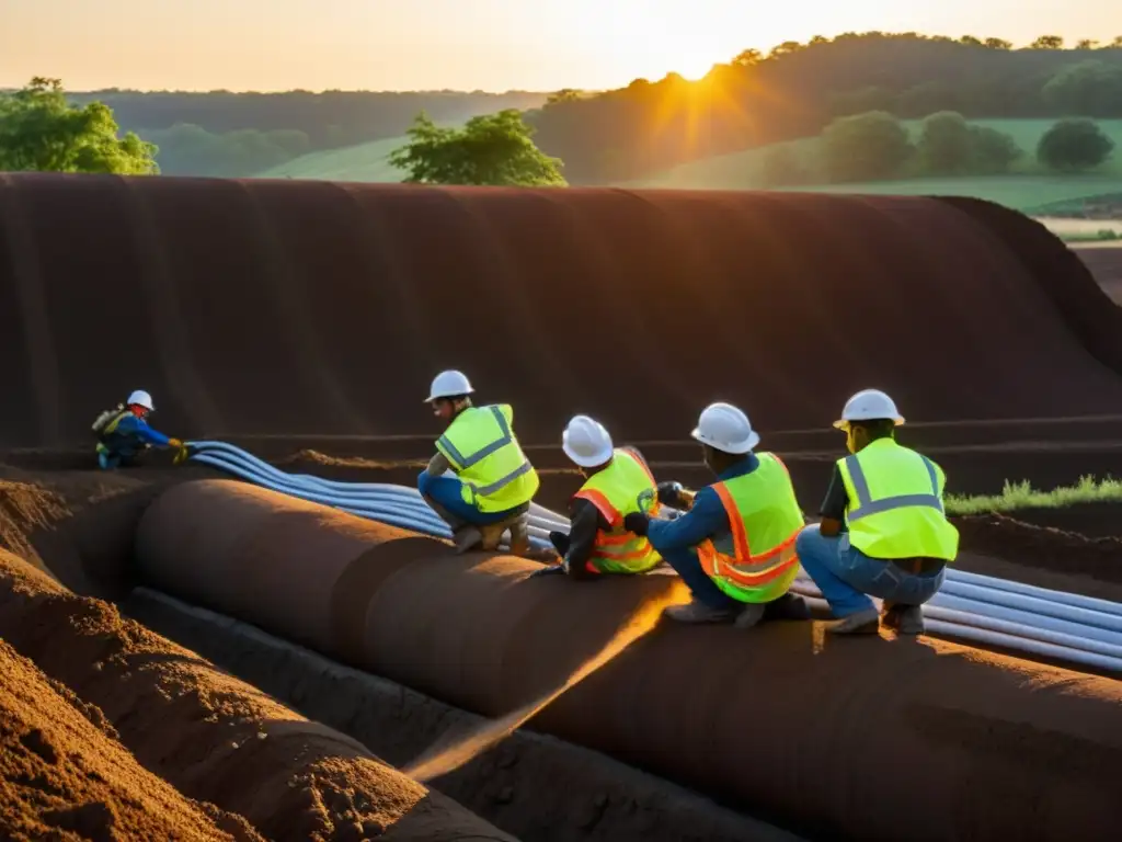 Un grupo de trabajadores instala tuberías al atardecer, reflejando la determinación y el progreso en la instalación de un sistema geotérmico