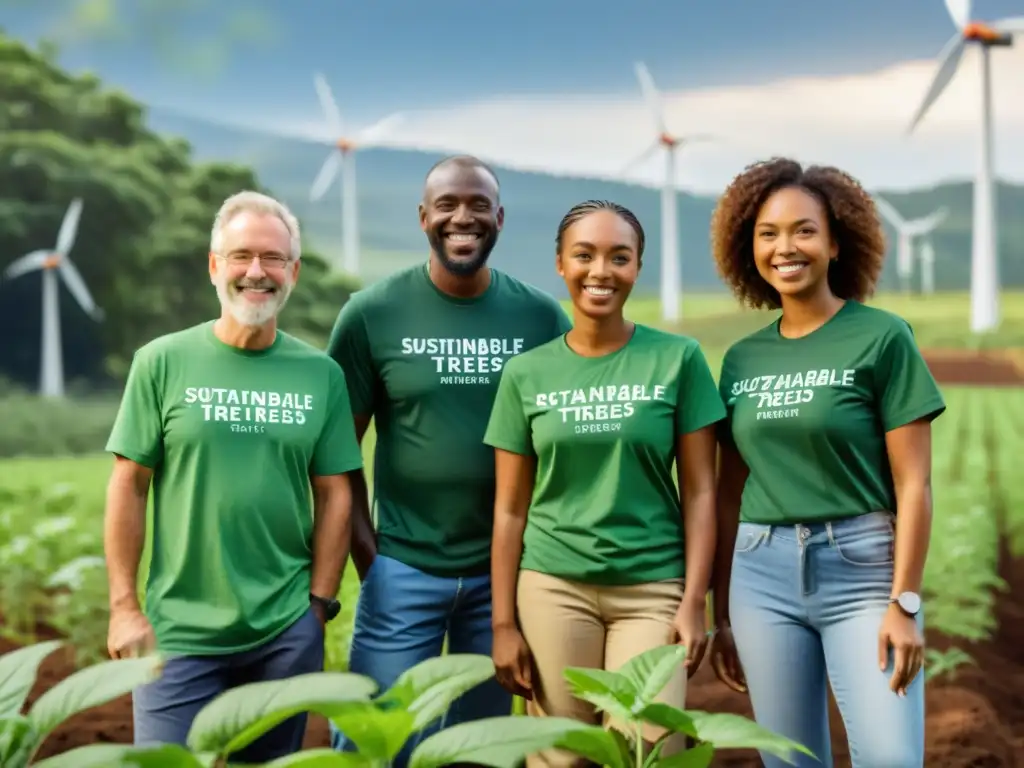 Grupo de voluntarios en programas de energía sostenible plantando árboles en un bosque verde, rodeados de paneles solares y turbinas eólicas