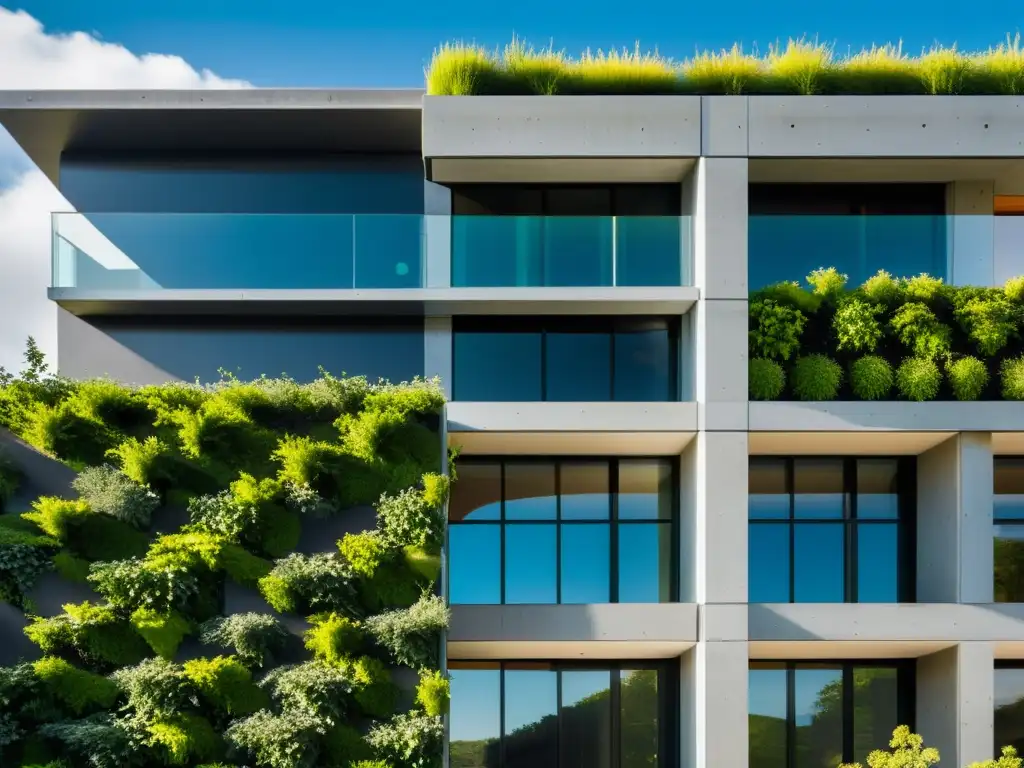 Hermosa arquitectura de hormigón ecológico sostenible innovador con pared verde vibrante, paneles solares y sistema de recolección de agua de lluvia