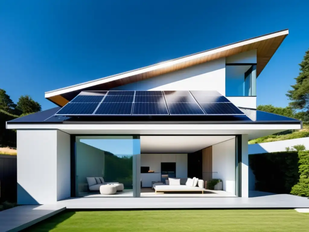 Hermosa casa moderna con hidropaneles solares integrados en el techo, capturando la luz del sol en un cielo azul claro, para un hogar sostenible