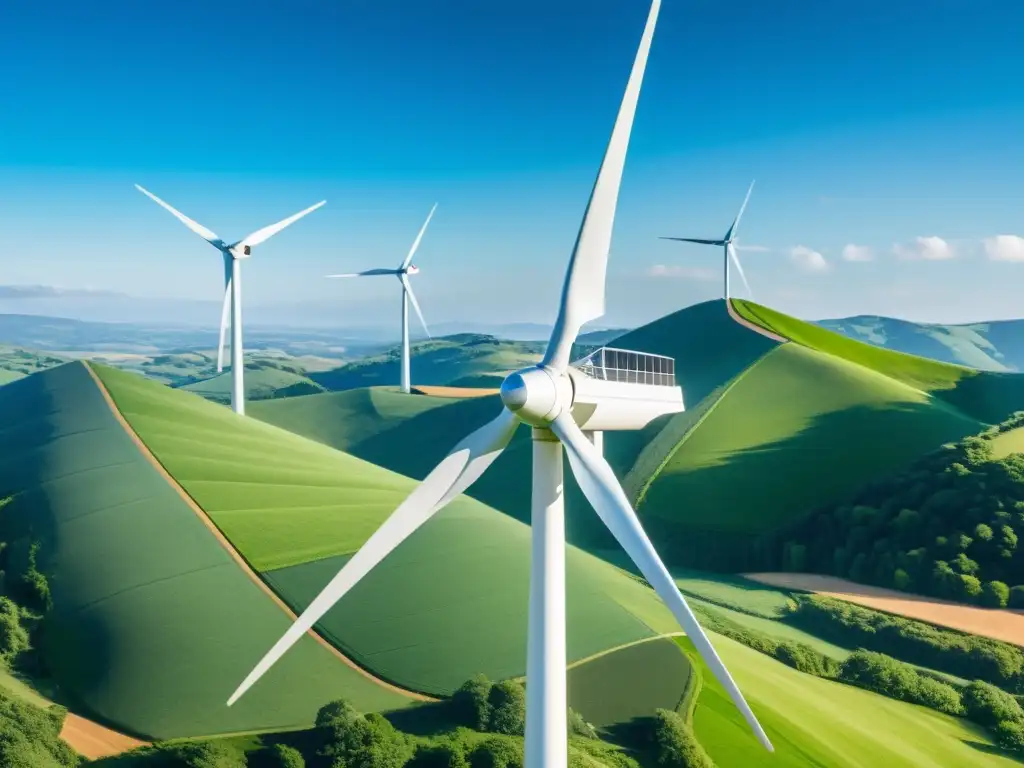 Una hermosa imagen en 8k de una elegante turbina eólica portátil en un paisaje de colinas verdes y cielo azul