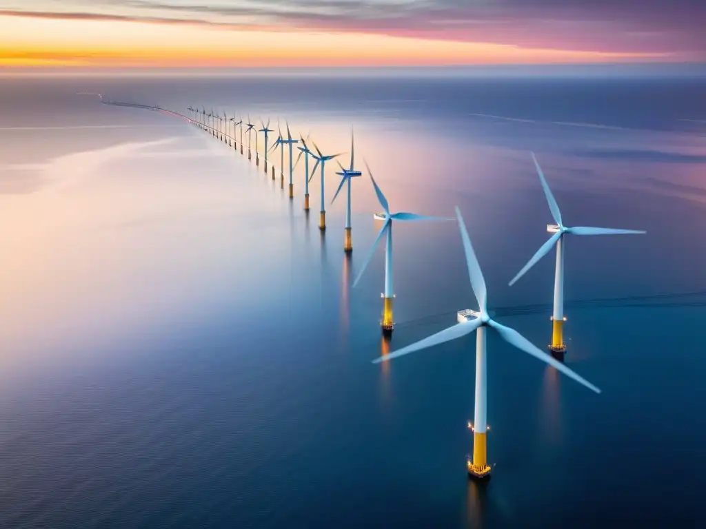 Una hermosa imagen de un moderno parque eólico marino con un atardecer dramático sobre el océano, evocando oportunidades en proyectos eólicos offshore