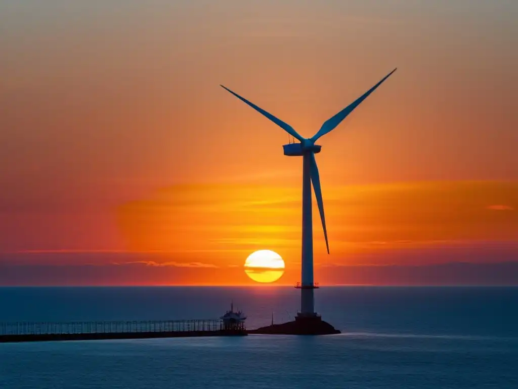 Una hermosa turbina eólica marina se destaca en un vibrante atardecer sobre el mar, transmitiendo energía y calma