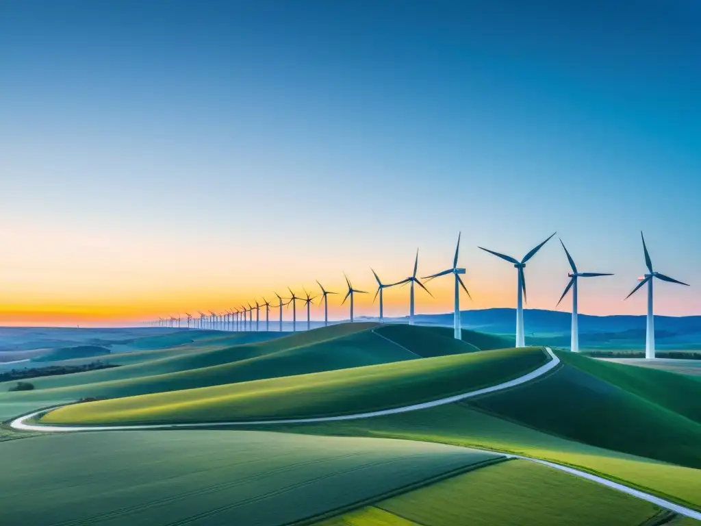 Un hermoso atardecer en un parque eólico, con molinos de viento elegantes y paisaje sereno