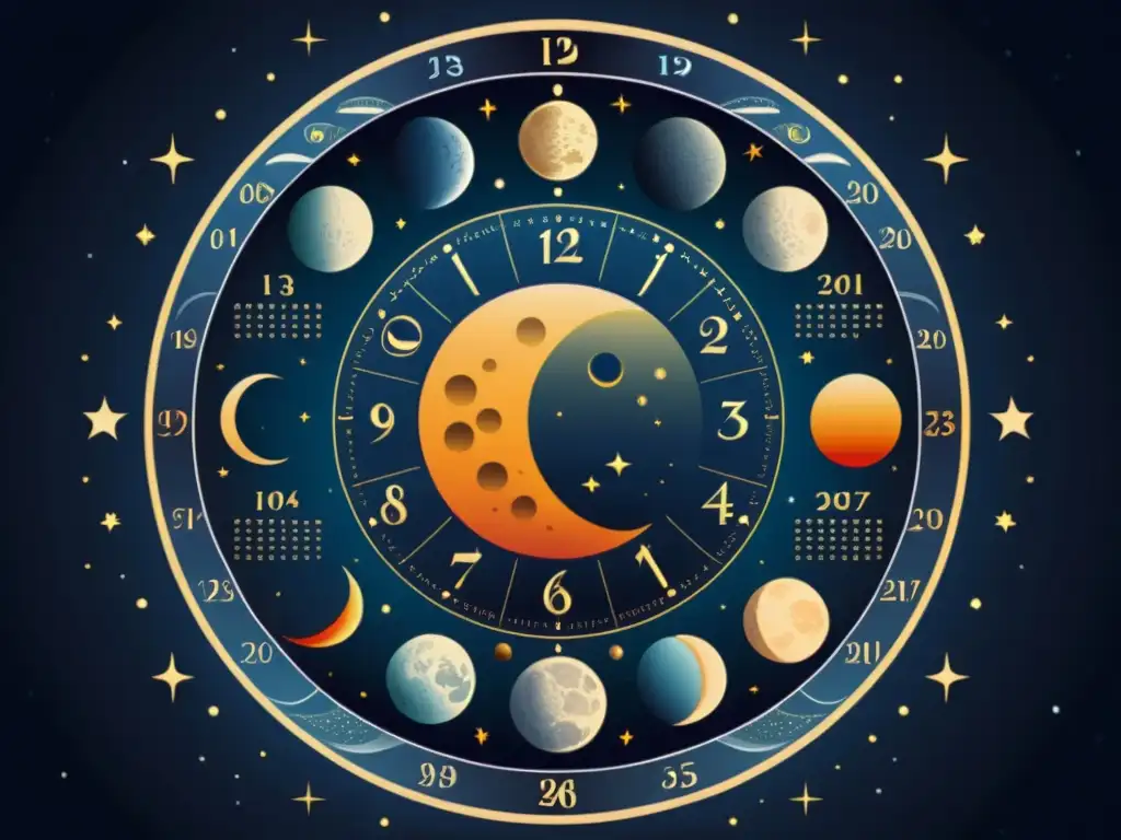 Un hermoso calendario lunar para siembra, con fases detalladas y motivos celestiales, emitiendo una serenidad mística