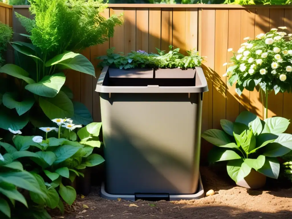 Un hermoso compostaje en un jardín soleado, rodeado de plantas exuberantes y flores, encarna los beneficios del compostaje para un hogar sostenible