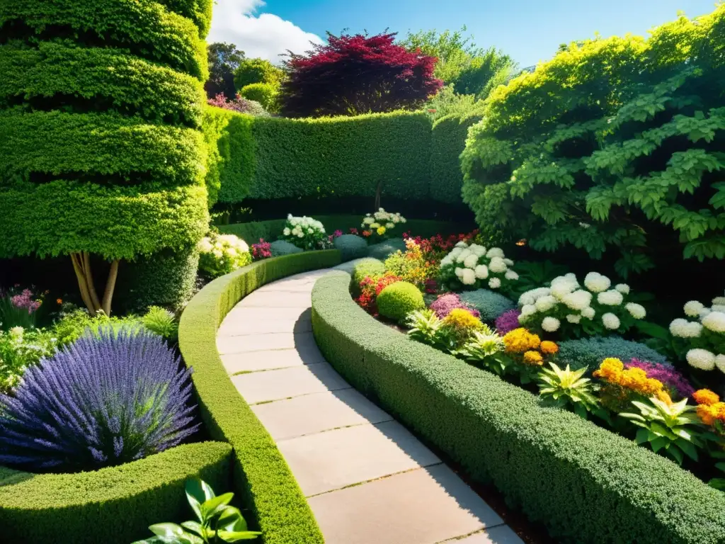 Hermoso jardín ecológico con diversidad de plantas y flores, senderos y características de agua