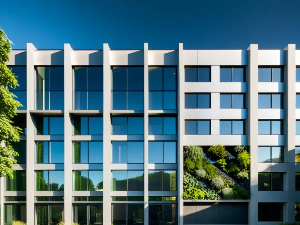 Hermoso edificio de hormigón ecológico sostenible innovador bañado por la cálida luz del sol, con paredes verdes y paneles solares