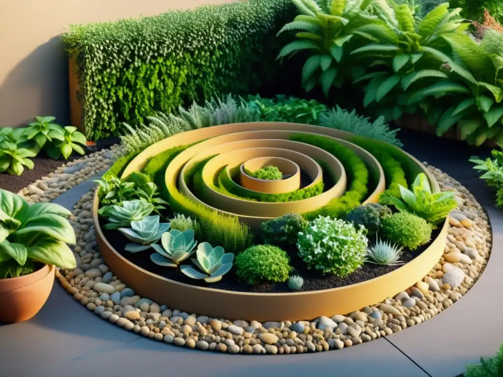 Un hermoso huerto en espiral para espacios pequeños, bañado por cálida luz solar, rodeado de vegetación exuberante y herramientas de jardinería