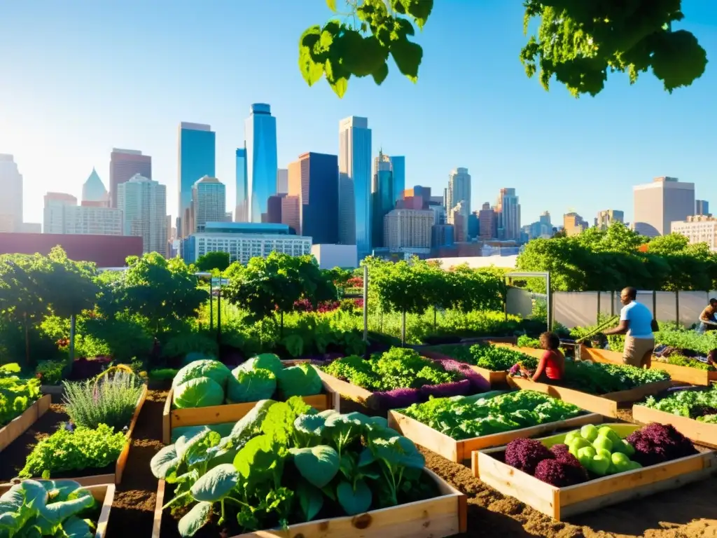 Un hermoso huerto urbano sostenible en comunidad con variedad de frutas y verduras