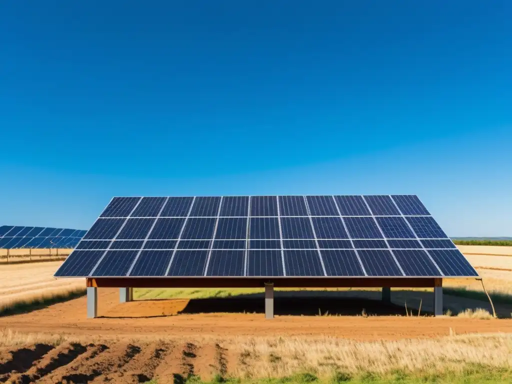 Un hermoso paisaje rural con paneles solares brillando bajo el sol