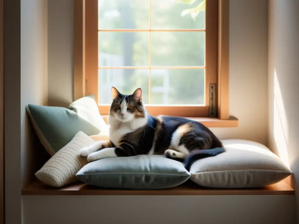 Un hogar acogedor con una mascota tranquila descansando en el asiento junto a la ventana, transmitiendo armonía y confort