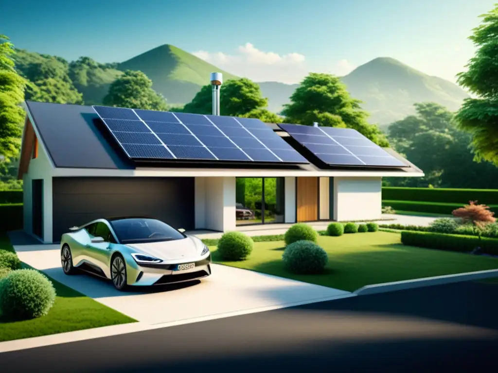 Hogar ecológico con paneles solares, turbina eólica y autos eléctricos, promoviendo biocombustibles para reducir huella carbono