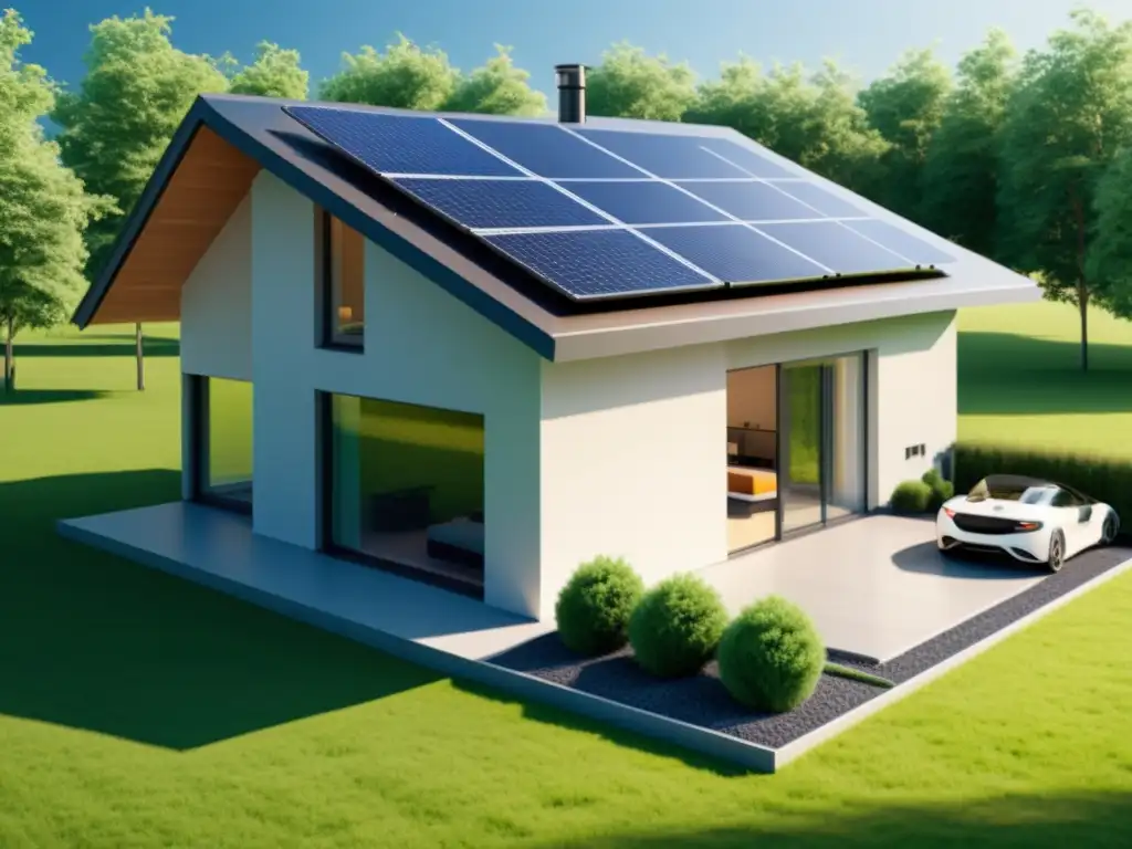 Hogar moderno con paneles solares, turbina eólica y bioenergía integrada