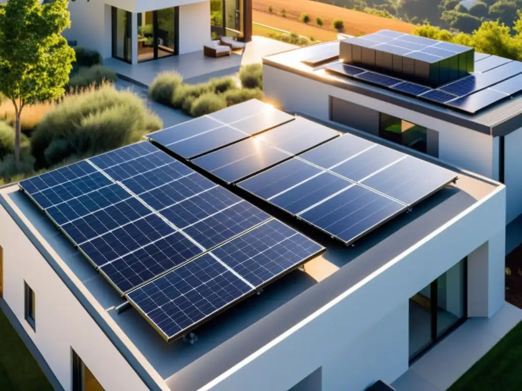 Un hogar moderno con un sistema de microred residencial, integrando paneles solares y unidades de almacenamiento de baterías