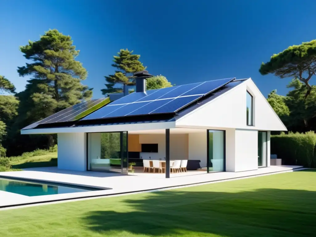 Un hogar moderno y sostenible con paneles solares integrados, equilibrio energético en hogar sostenible