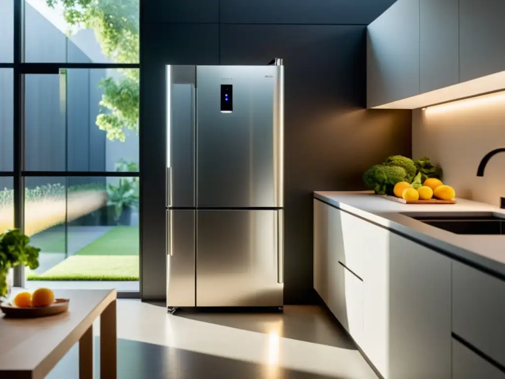 Un hogar moderno y sostenible con refrigeración solar para hogar sostenible, elegante y futurista, destacando la frescura de los productos