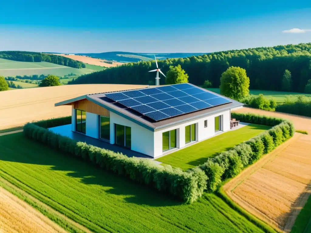 Hogar sostenible en la campiña alemana, con paneles solares, molino eólico y naturaleza exuberante