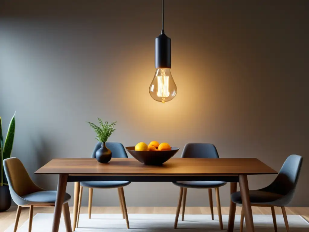 'Iluminación LED para hogar sostenible: Lámpara colgante minimalista sobre mesa de comedor de madera, emitiendo una cálida luz envolvente