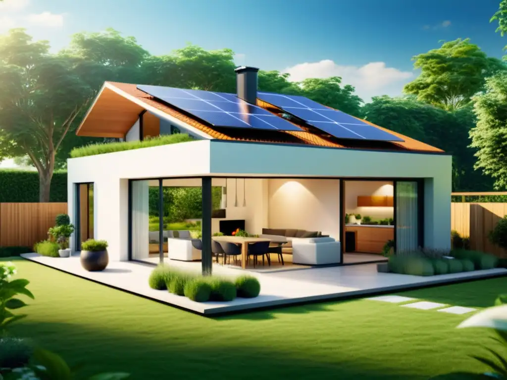 Un hogar sostenible con energía solar, jardín ecológico y electrónica responsable para una vida ecoamigable