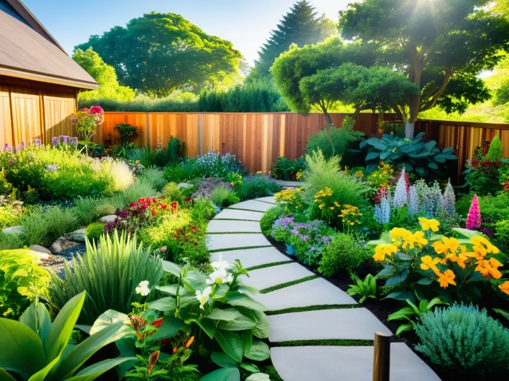 Jardín sostenible: biodiversidad y belleza Jardinería ecológica para hogar sostenible: Jardín exuberante y biodiverso, con un invernadero ecofriendly y un arroyo, bañado por la luz del sol