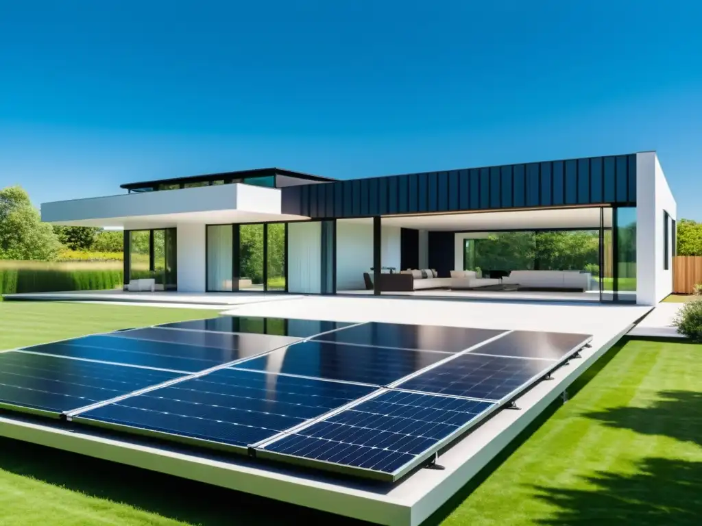 Hogar sostenible con hidropaneles solares integrados en arquitectura moderna, capturando luz solar para generar agua limpia