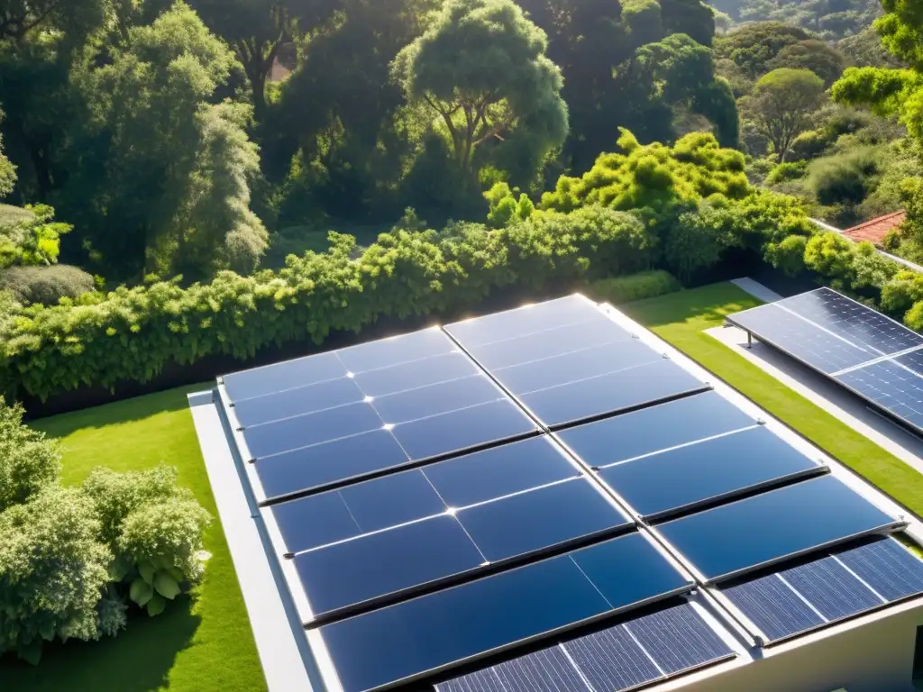 Un hogar sostenible con moderna instalación de paneles solares, integrados al diseño, reflejando eficiencia energética y atractivo estético