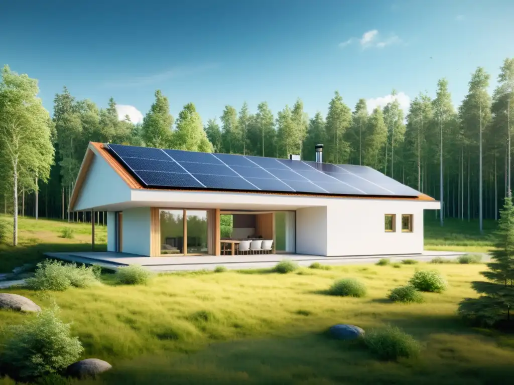 Hogar sostenible en la naturaleza finlandesa con paneles solares y diseño ecoamigable, integrando incentivos fiscales