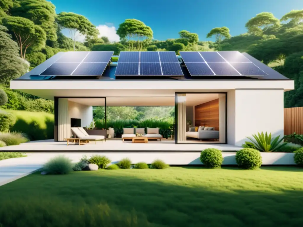 Un hogar sostenible con paneles solares integrados, rodeado de naturaleza