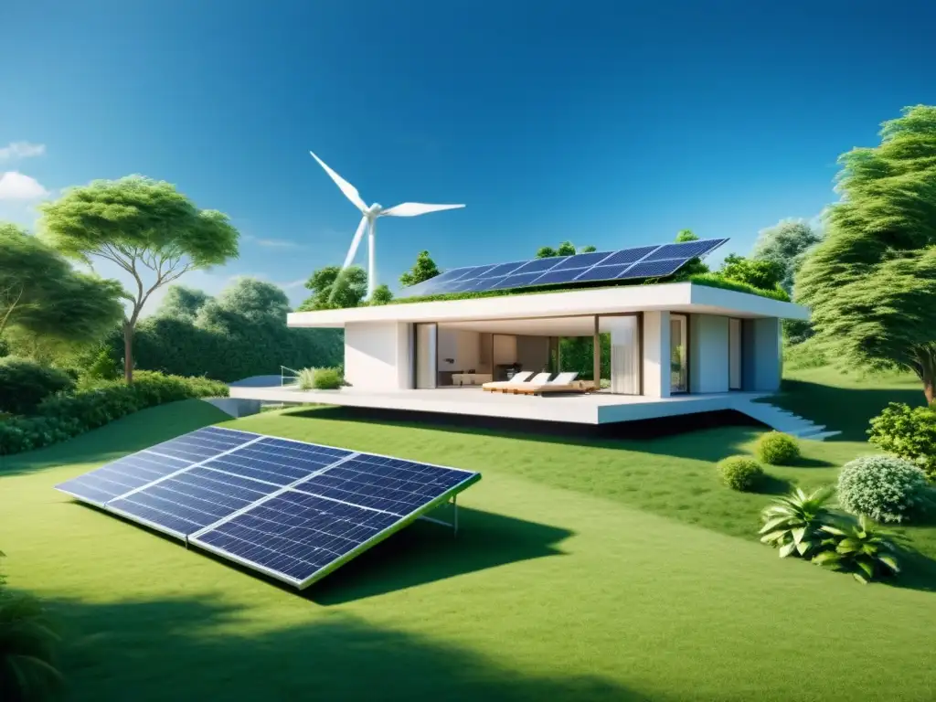 Hogar sostenible en armonía con la naturaleza Un hogar sostenible rodeado de naturaleza, con paneles solares y un molino de viento